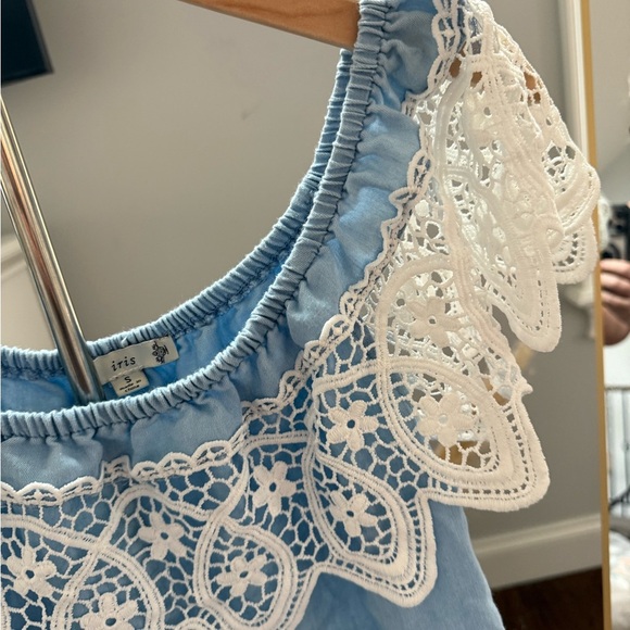 Blue Lace Trim Off-Shoulder Top - Picture 5 of 8